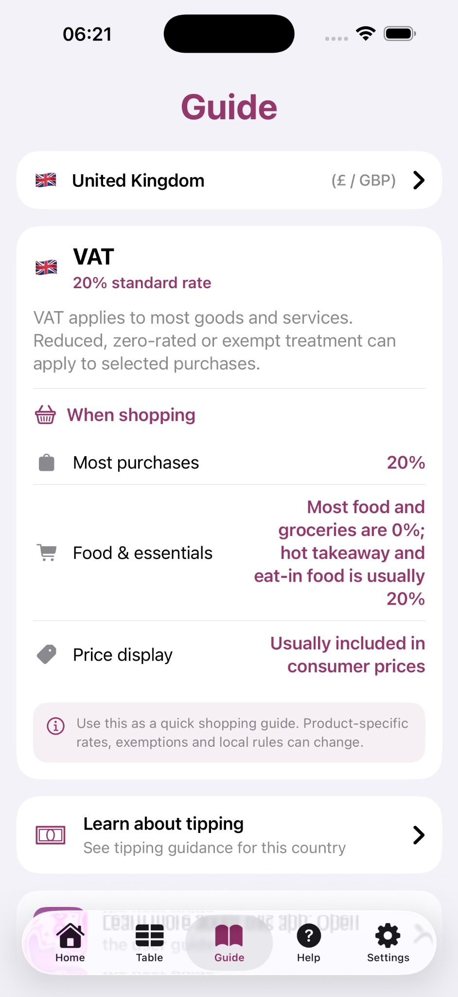 Tax When Shopping country tax guide screen