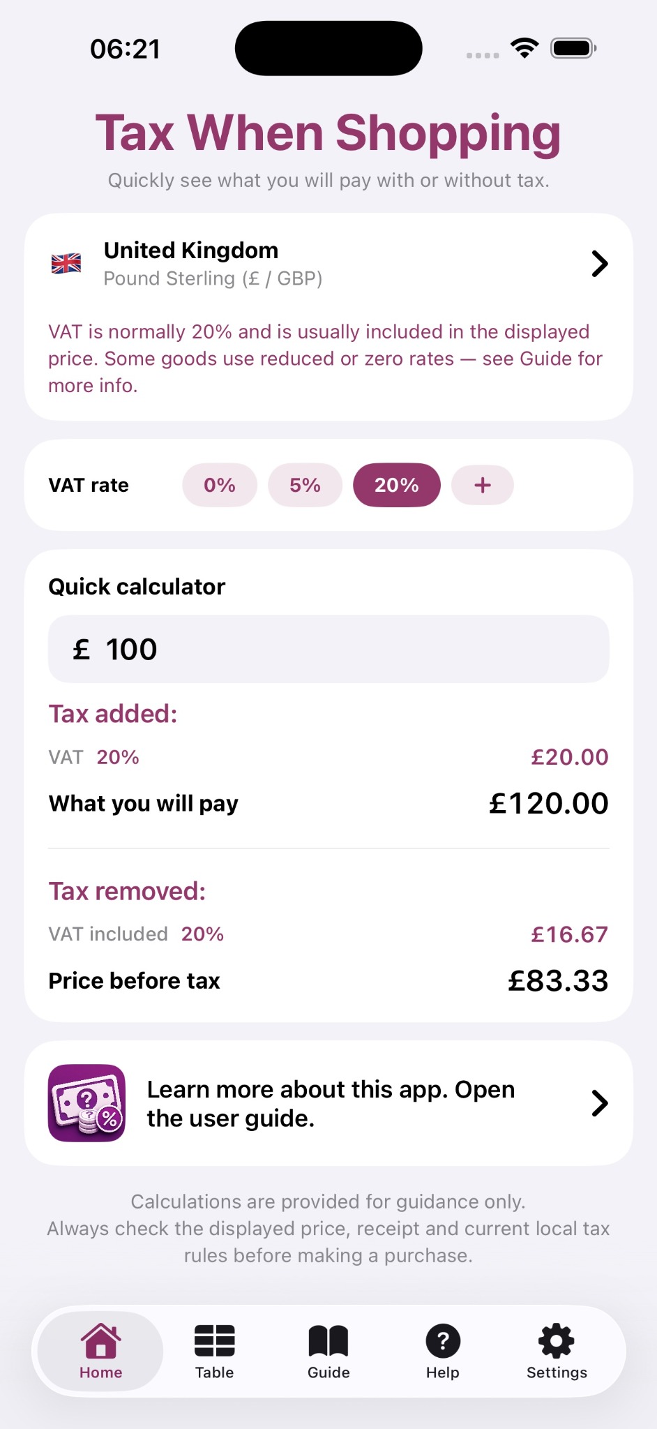 Tax When Shopping home calculator screen