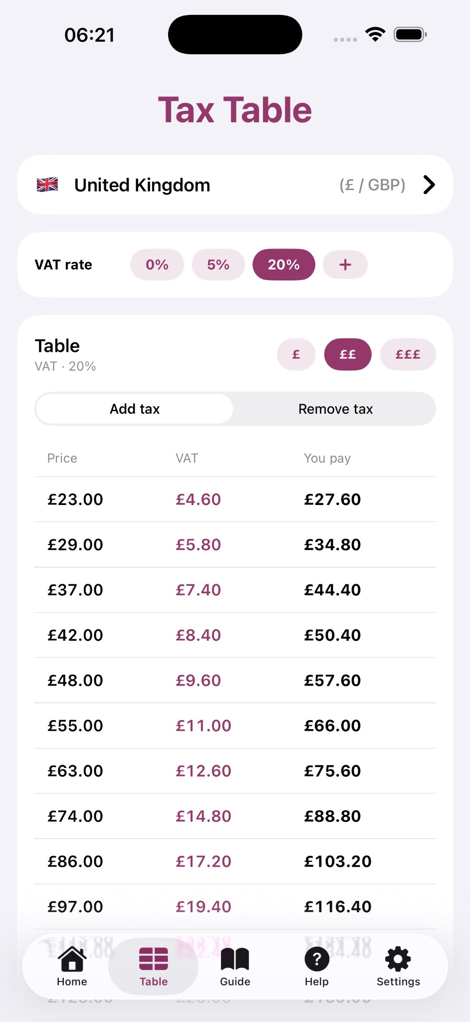 Tax When Shopping tax table screen